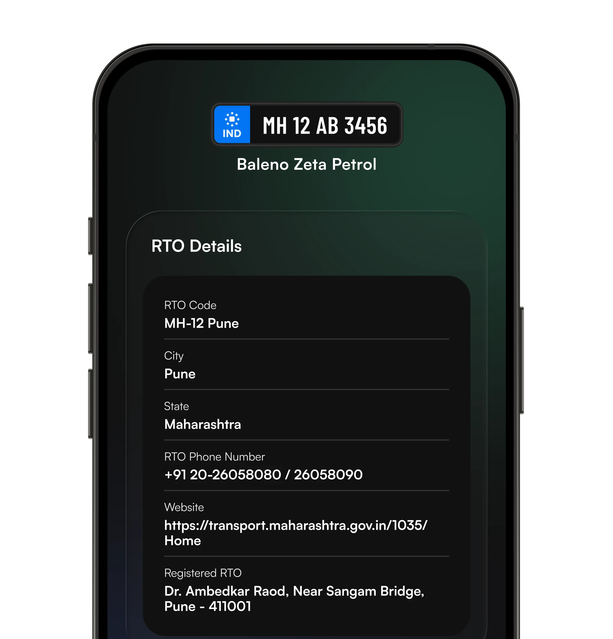 RTO records on a mobile phone